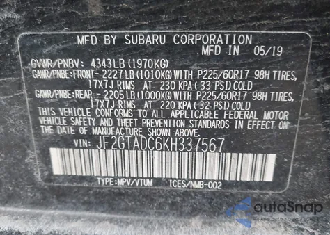 2019 Subaru Crosstrek 2.0I Premium из США, поврежденный, VIN JF2GTADC6KH337567